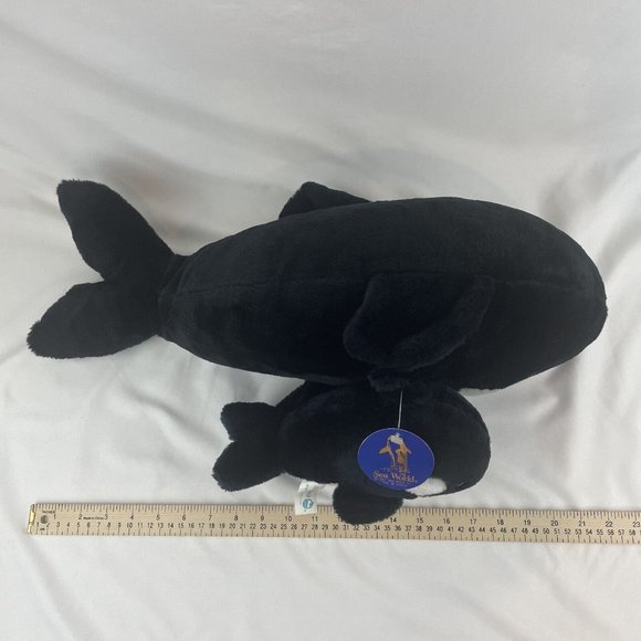 Vtg SeaWorld Orca Killer Whale And Calf 22” Plush Shamu Black Mom & Baby RARE - Picture 7 of 8